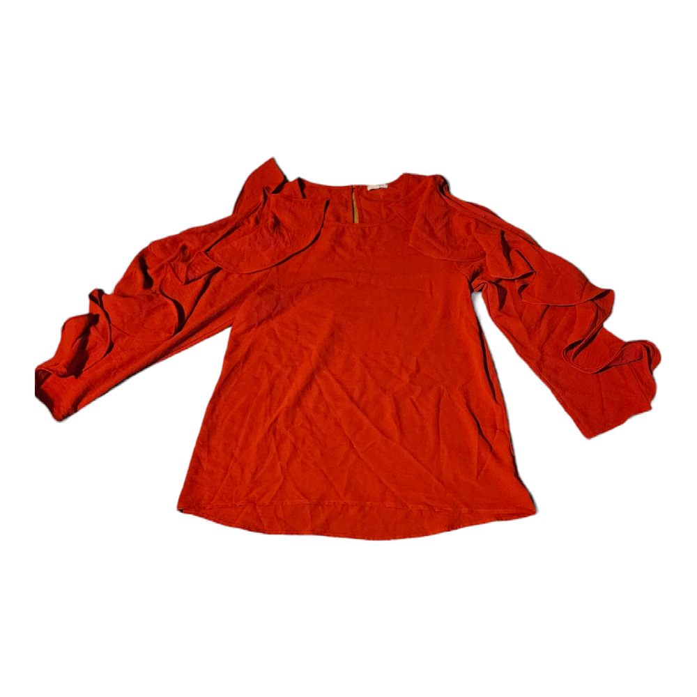 Jodifl Small Red Long Ruffle Sleeve Cold Shoulder Button Closure Shirt